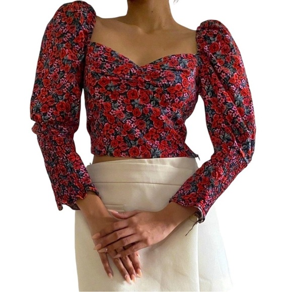 NWOT Zara Multicolor Floral Print Cropped Puffed 3/4 Sleeves Top Size S - Picture 2 of 7